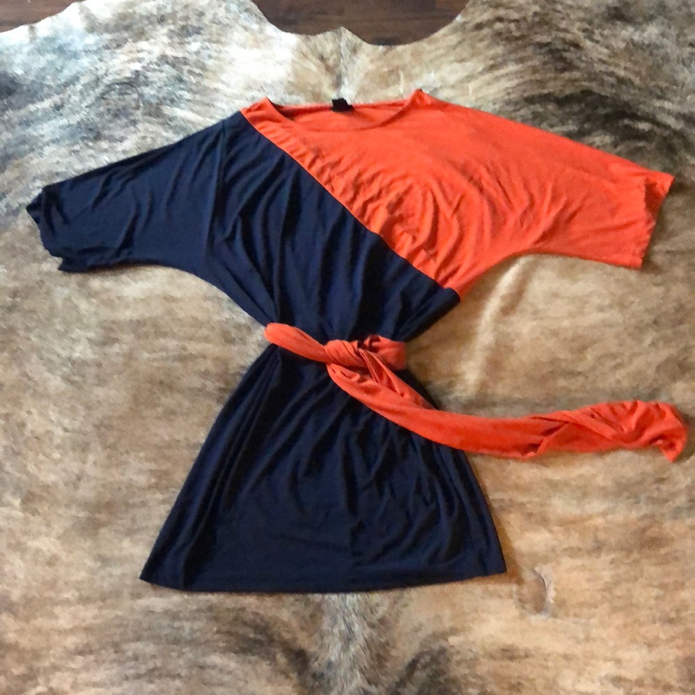 Great orange/navy blue A line dress!